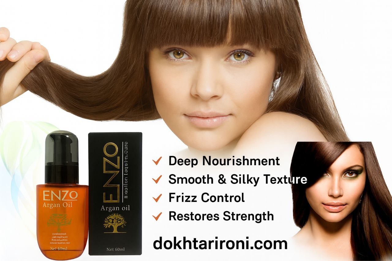 بطری روغن آرگان Enzo در دست مدل با پوست سفید و موهای براق، پس‌زمینه مینیمال، نور استودیویی، همراه با متن تبلیغاتی روغن آرگان