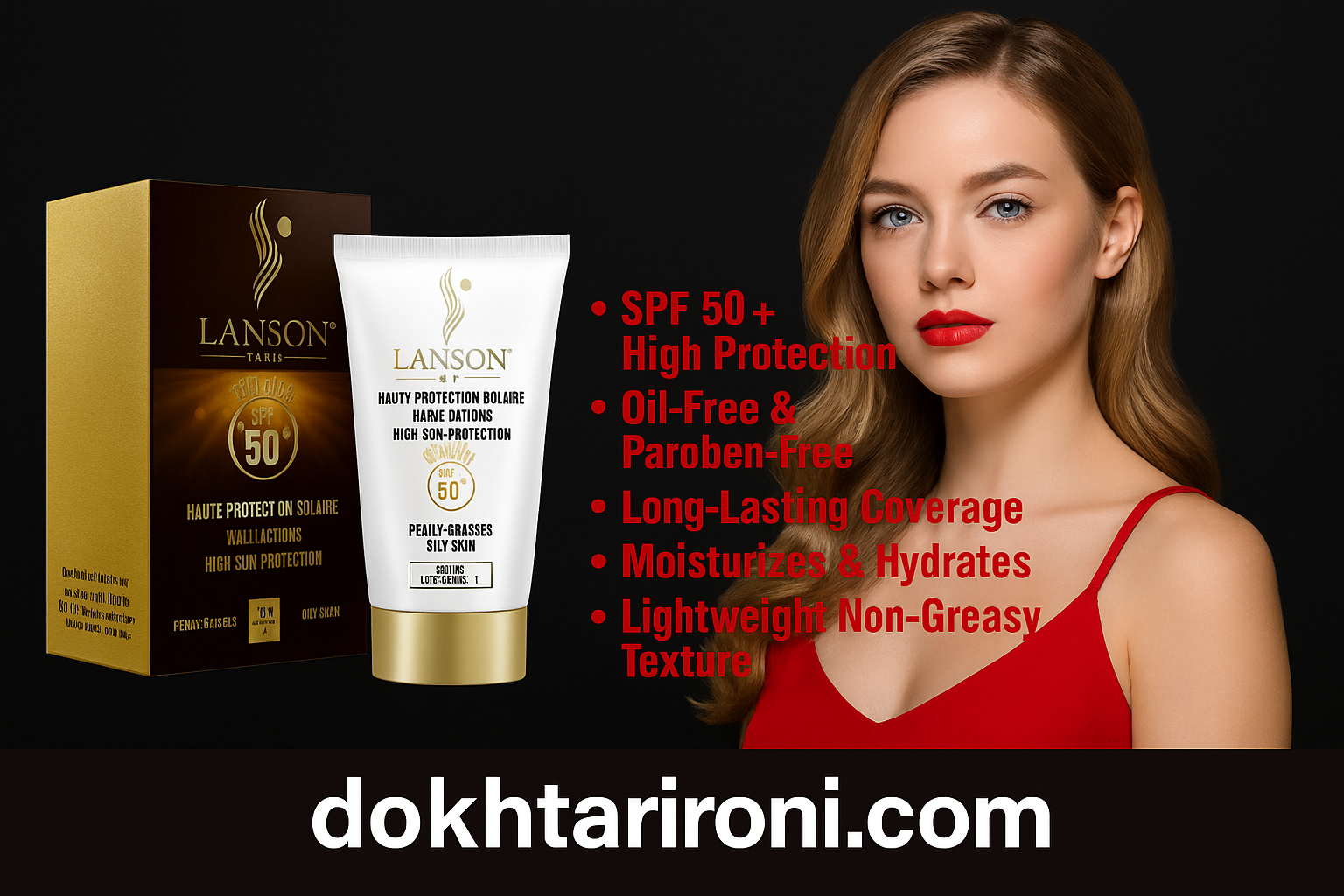 FA: کرم ضد آفتاب لانسون SPF 50 وگان و فاقد چربی | مناسب پوست خشک و چرب EN: Lanson Sunscreen SPF 50 – Oil-Free, Paraben-Free, Vegan; Suitable for Oily & Dry Skin