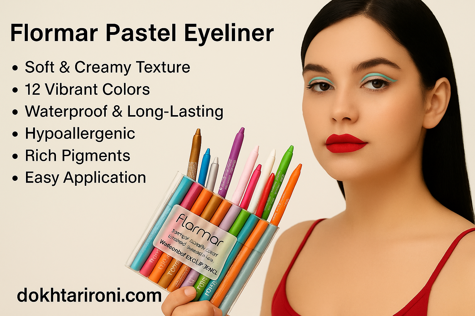 مداد چشم رنگی پاستیلی فلورمار با رنگ‌های شاد و ماندگاری بالا   Flormar pastel eyeliner — waterproof, long-lasting, vibrant colors